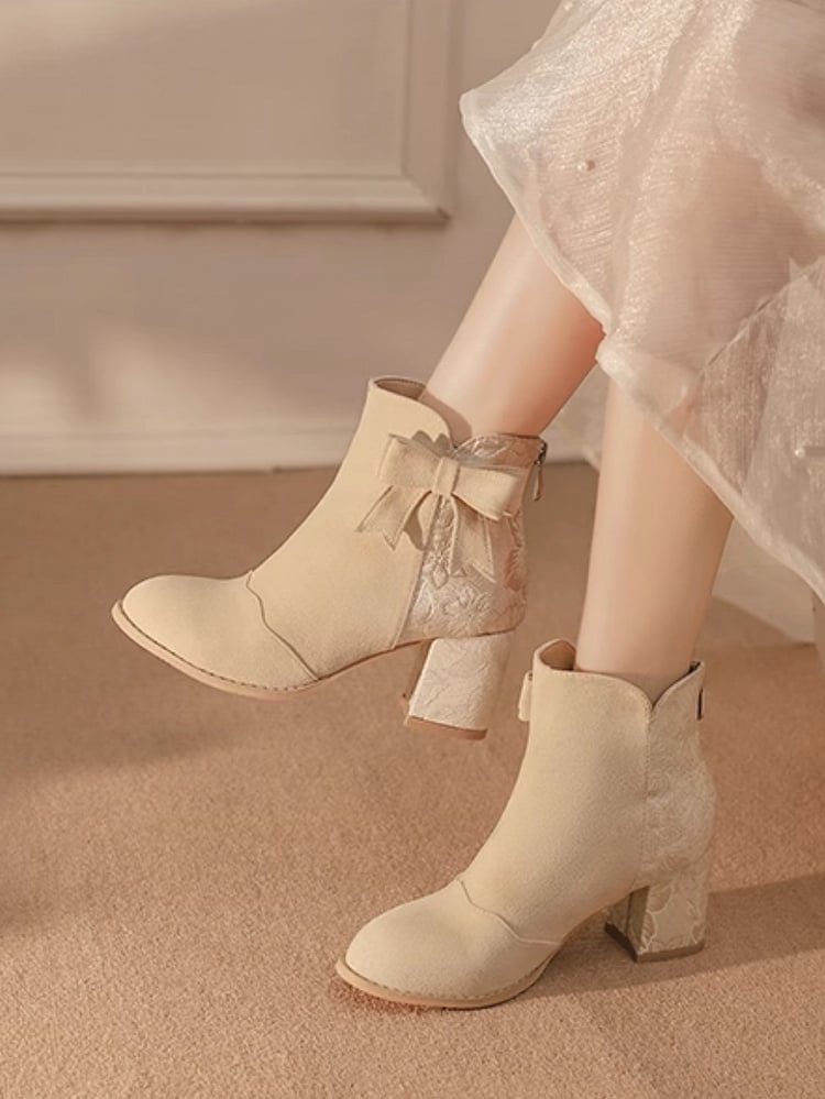 Verschlüsse Block und 6,5 cm Schleife Wildleder mit Rückseite - Akzent Beige Stiefel Satin-Version Ferse Reißverschluss Normal/Dicke Kombination