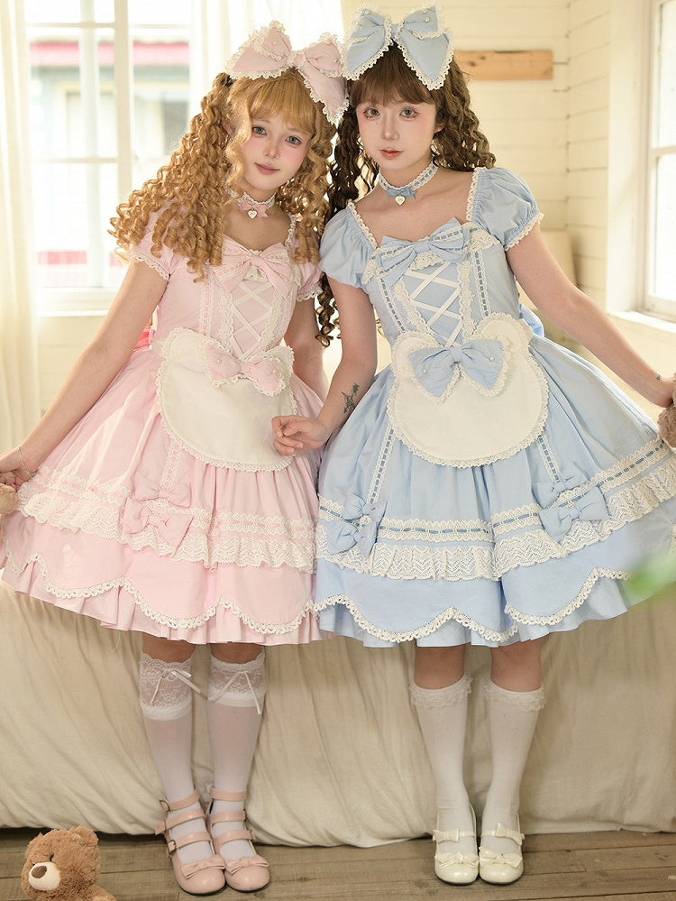 and Short Piece Blue One Neckline Puff Old Lolita School Sleeves Cotton Dress Square