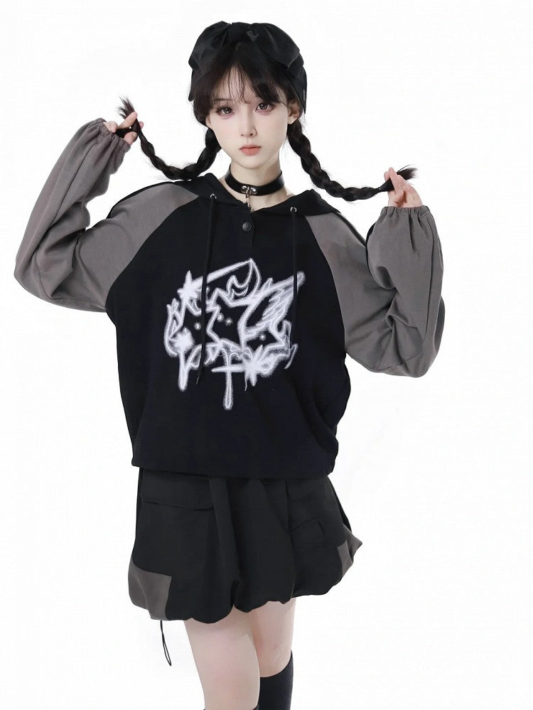 Hoodie Print Gray Colorblock Design and Star Loose Black