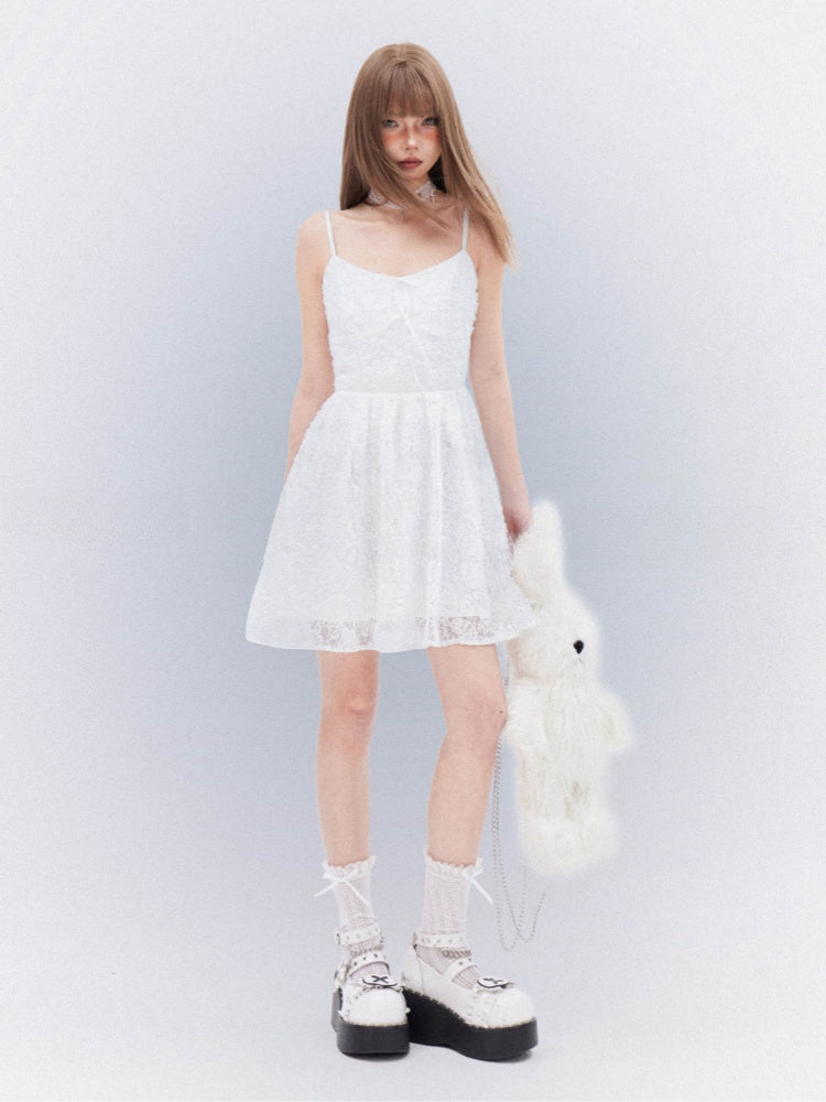 Cami Dress with Self-Tie Bow Elegant Lace White Thigh-length