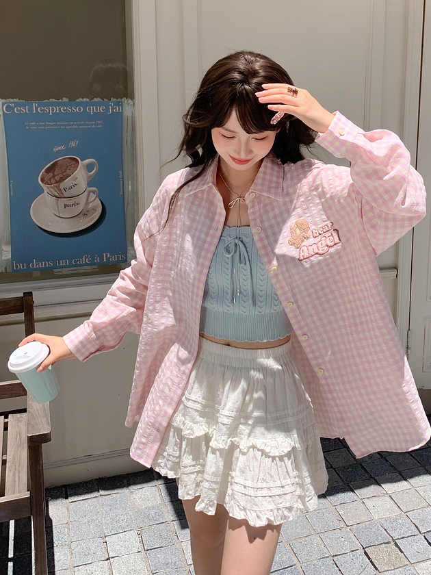 Pink Loose Plaid Shirt Adorable Bear Embroidery