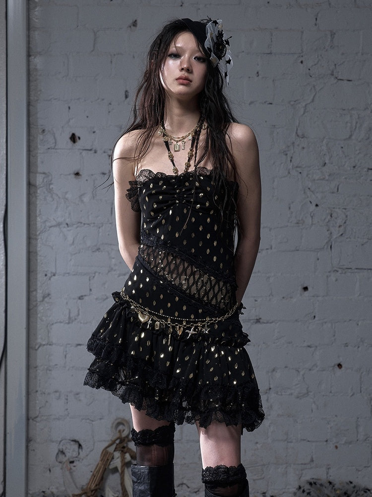 Beige/Black Neck Waist Polka-dot Vintage Halter Lace Patches