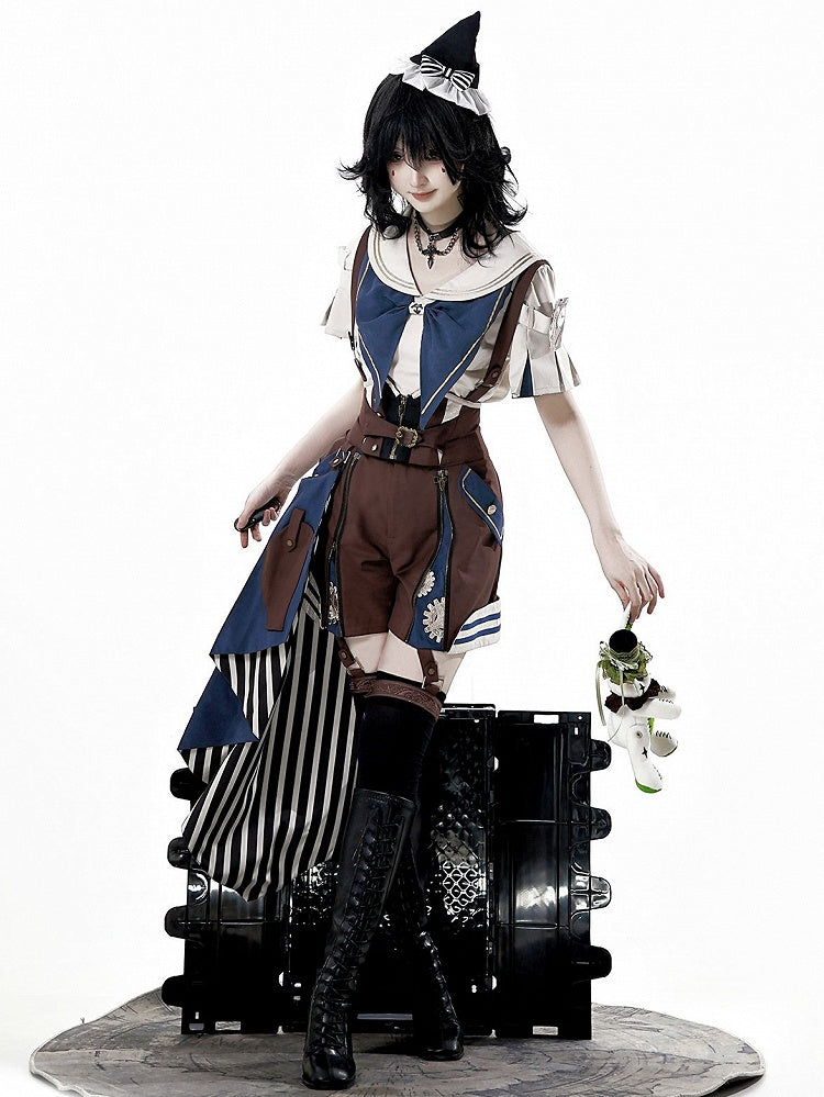 Train Shirt Blue Sailor Overall + Collar Shorts Ouji Steampunk Striped Brown Outfit Lolita -