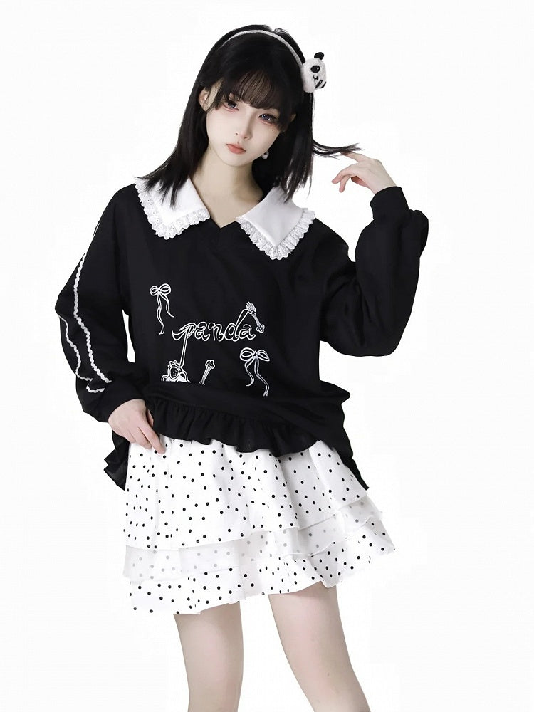 Short/Long Top Sleeves Panda Dessert Print Ruffled Pointed Flat Collar Ruffled Hem Black