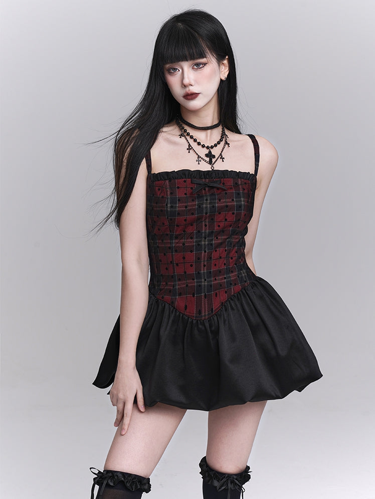 Red Plaid Basque Waist Mini Cami Dress Bubble Skirt