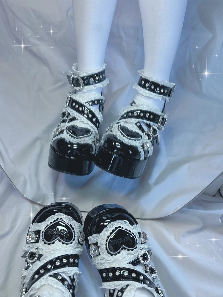 Jirai Buckle with Rhinestone Block Toe and Lace High Heel Embellished Black Straps Shoes: Round Cross Platform Kei