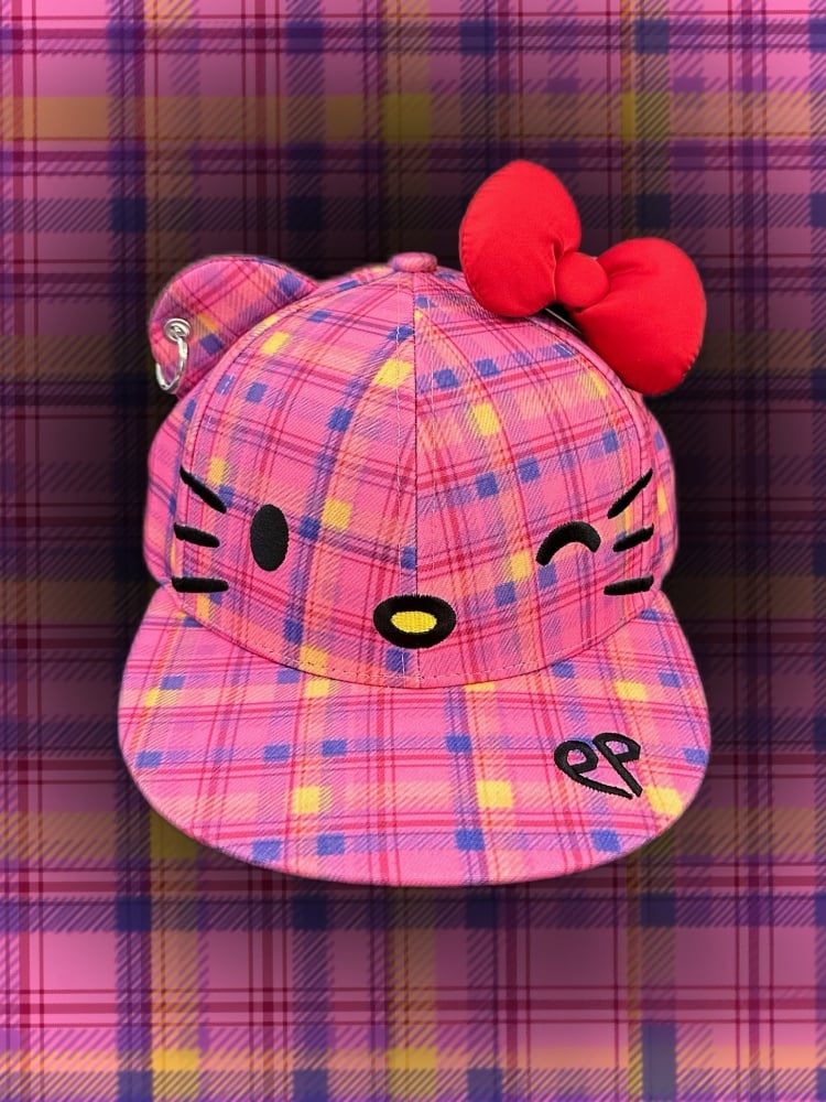 Pink karierte Kitty verstellbare Baseballkappe mit abnehmbarer Schleife