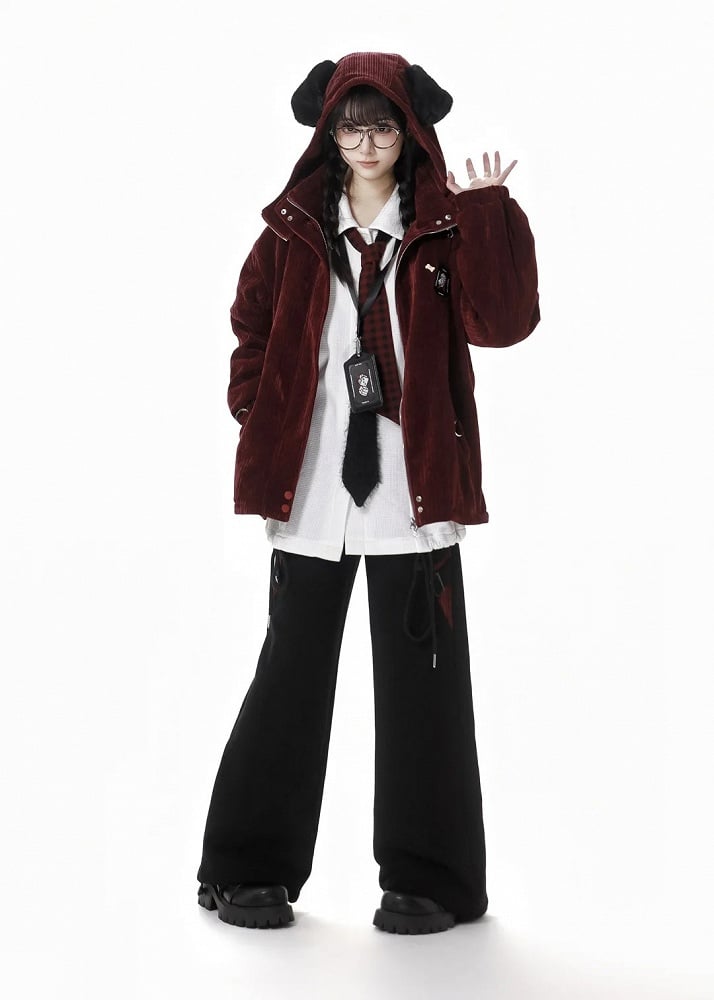 Wine Red High Neck Puppy Ear Hooded Coat