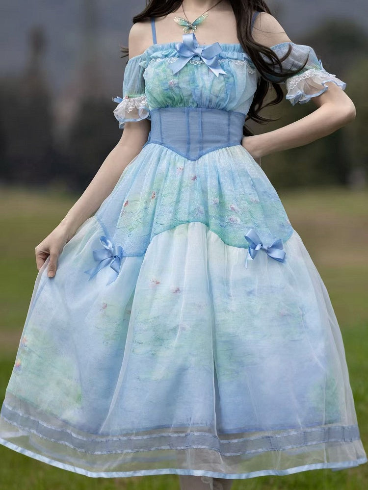 Water Lily Print Basque Waist Sky Dress with Organza Overlay Oil Painting Blue