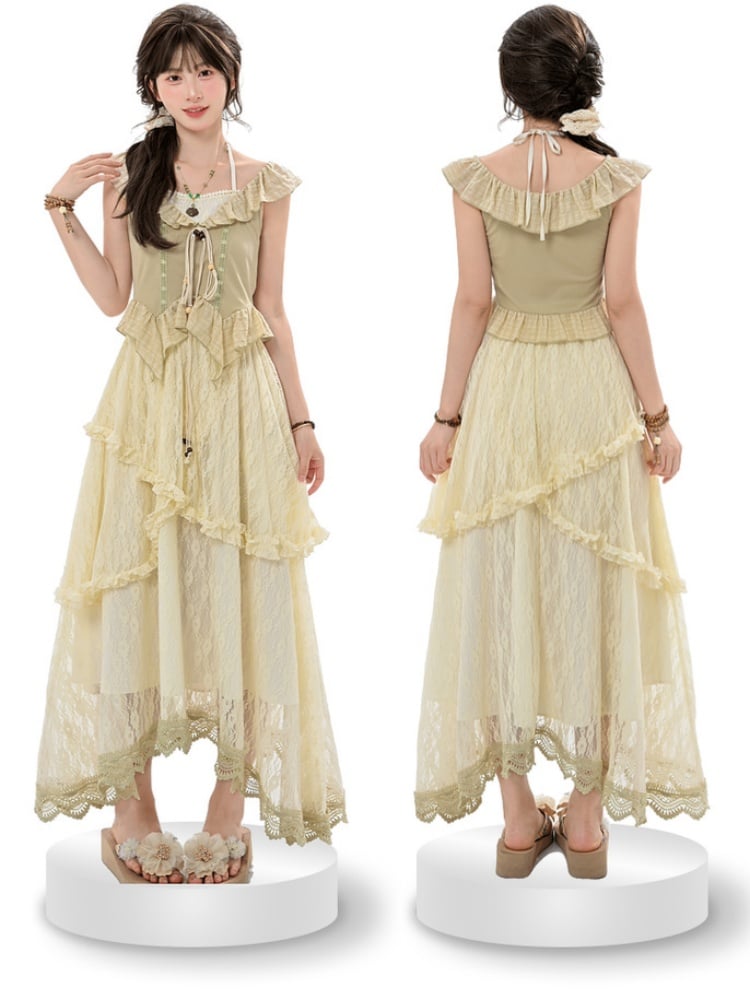 Flutter Sleeves Self-tie Bead Straps Light Hem Curved Green Halter Top