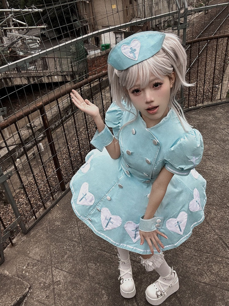 Kleid Herz Lolita Patches Puff Krankenschwester Blau Kreuz Ärmel Weiß