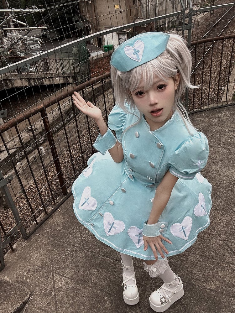 Heart Puff Patches Sleeves Lolita Blue White Dress Nurse Cross