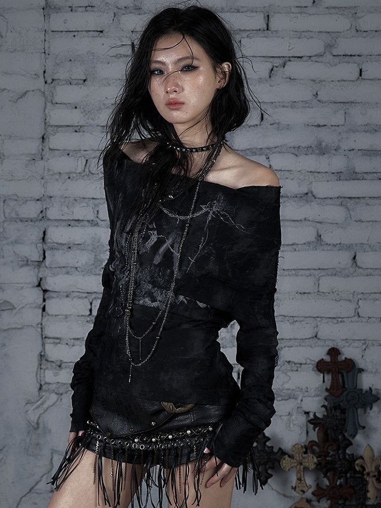 Lace-up Wasteland Black Top Off-the-shoulder Punk Design Neckline