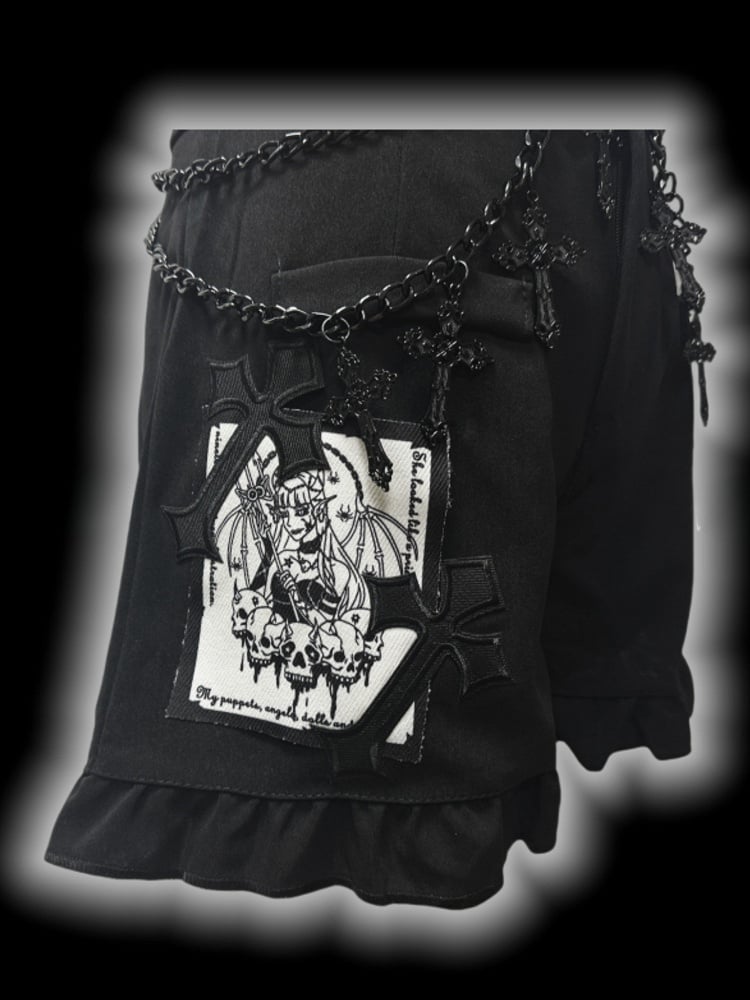 Gothic Black CrossPatches High Waist Ruffle Trim Shorts with Free Waist Chain