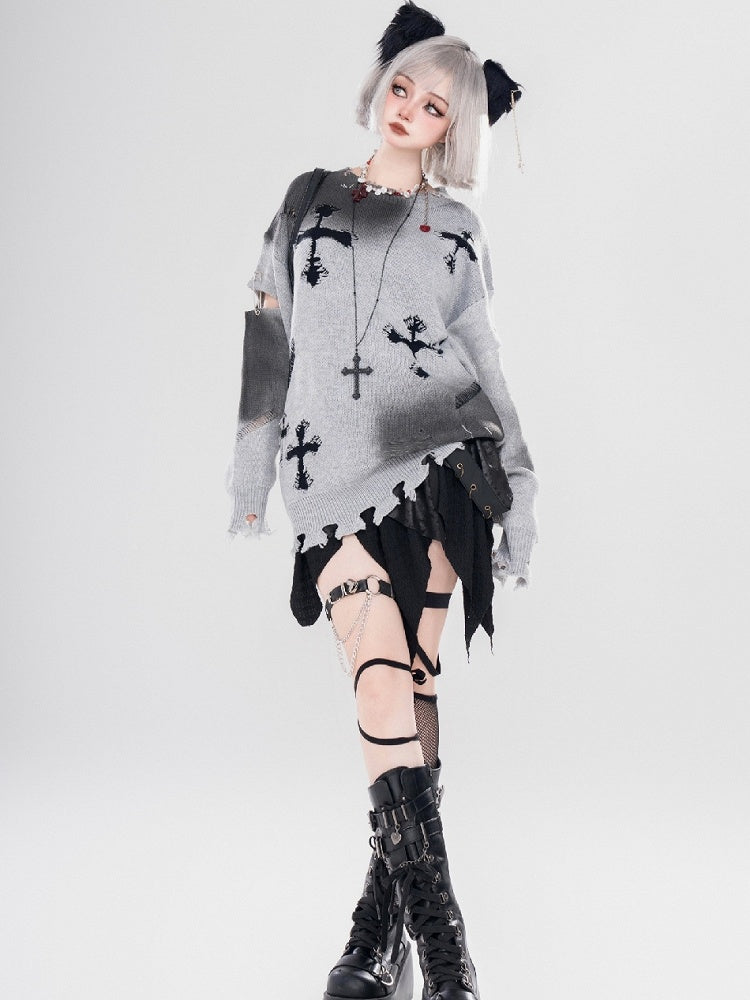 Y2K Black/Grey Cross Shaped Distressed Holes Round Neck Sweater