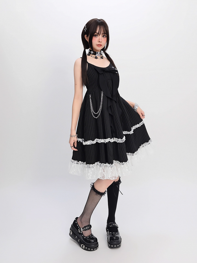 Skirt Cami Dress Big Bow Neckline Black with Striped Waist Detachable Chain Bubble