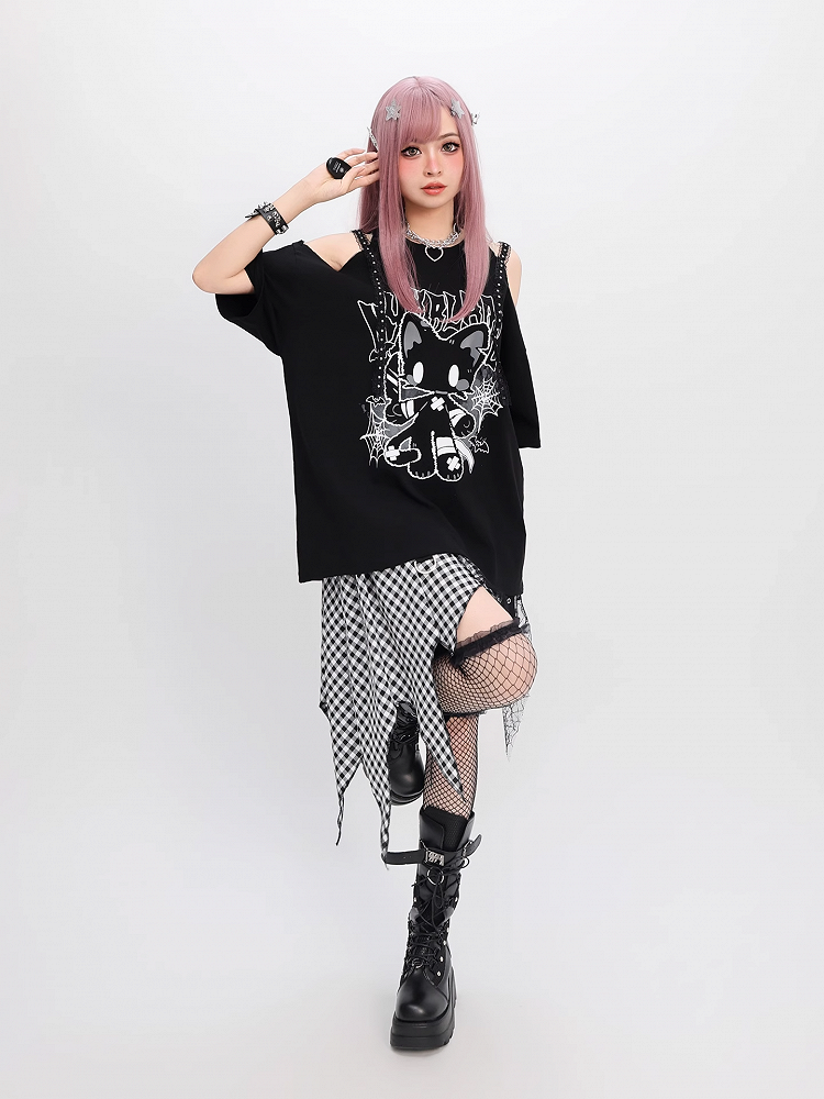 Cat Print Loose T-Shirt Y2K Black Cutout Shoulder Bittersweet