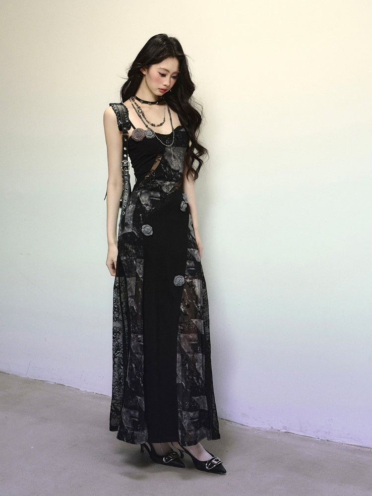 Black Floral Embellished Lace Patches Slim-fitting Cami Dress