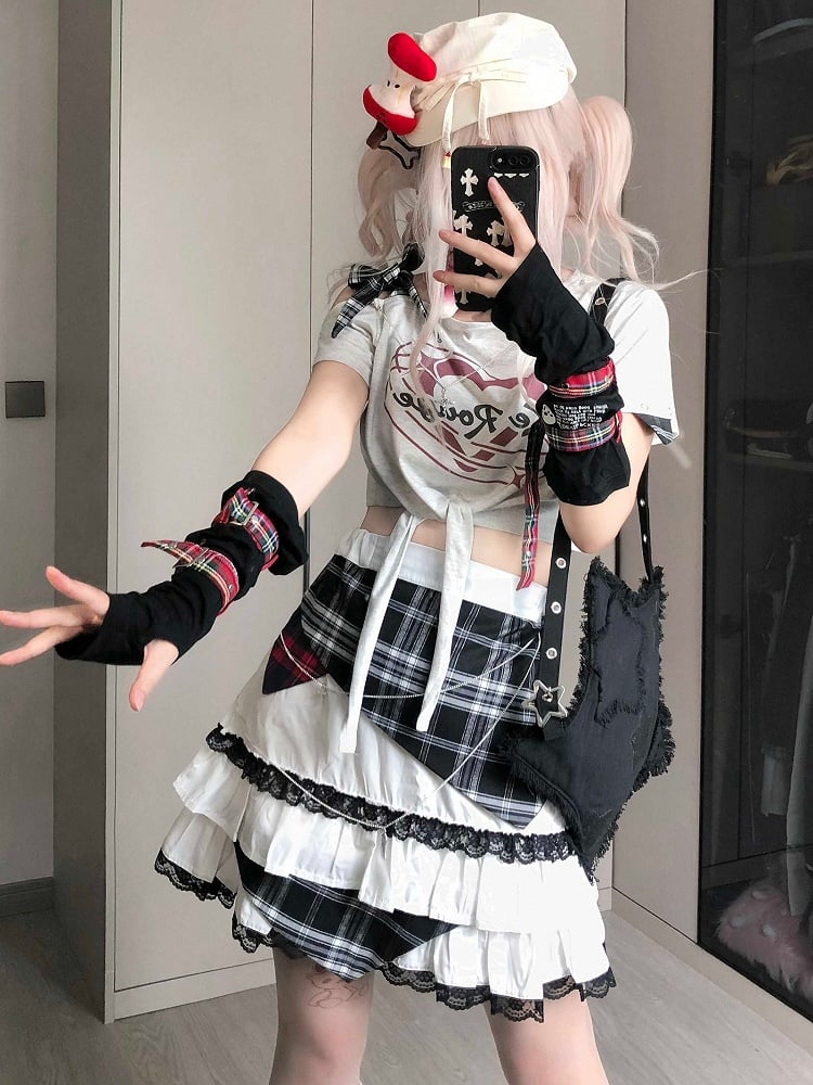 Skirt Tiered Jirai Plaid Kei Trim Lace Idol White