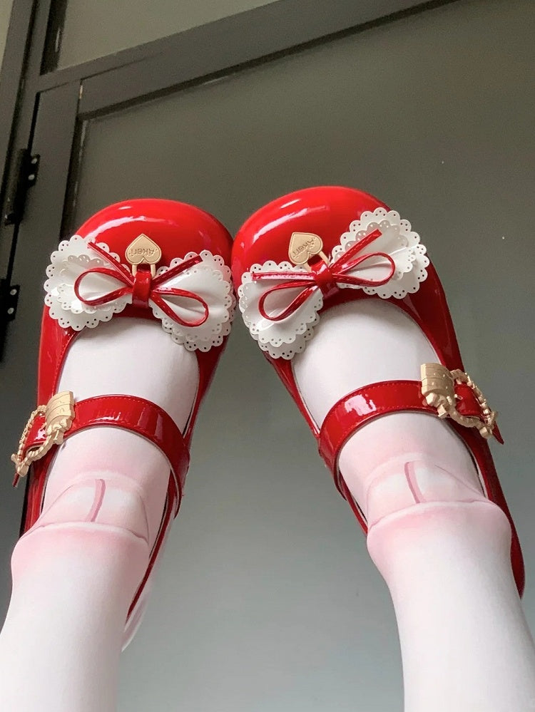 Janes Mary Täglich Bequeme Mehrschichtige Schuhe mit Niedrigem Absatz und süßen roten Schleifen Lolita -