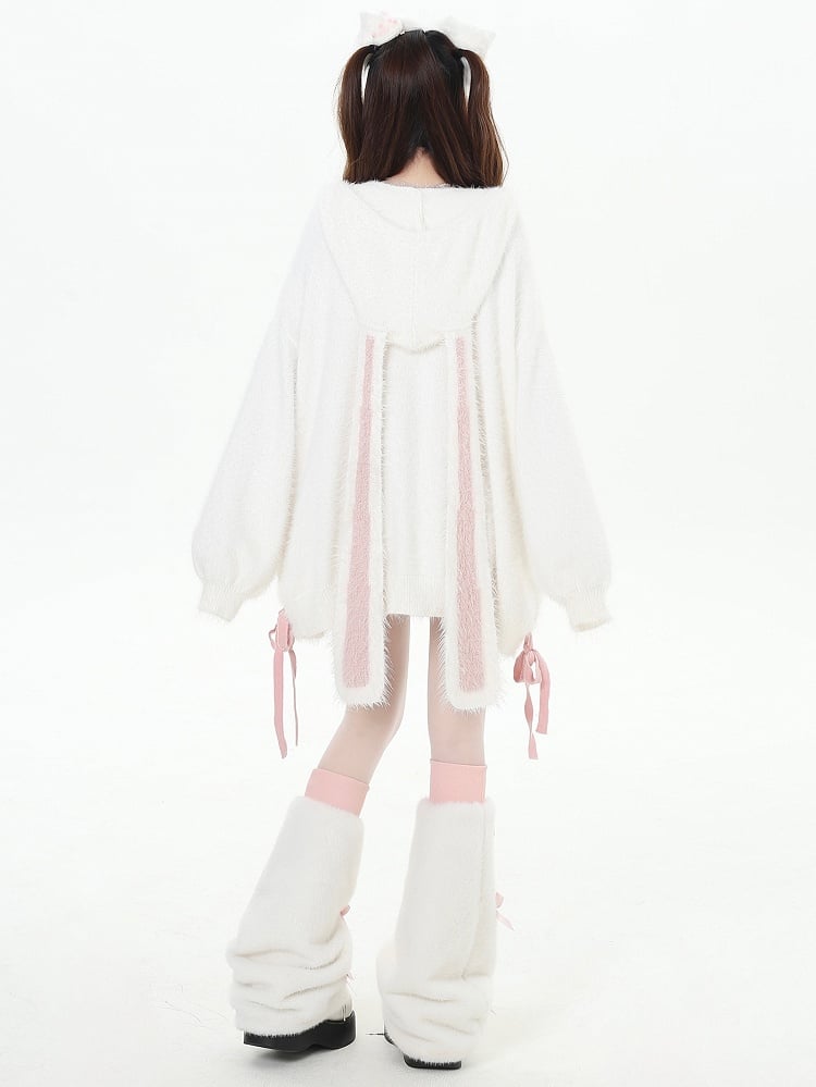 Weiße Strickjacke mit Hasenohren-Design, V-Ausschnitt, Kapuze und Schnürdetail