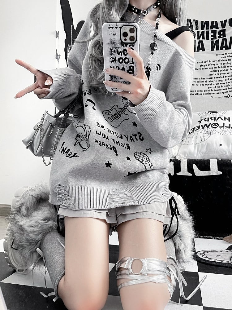 Grauer, lockerer Pullover mit asymmetrischem Ausschnitt und Kordelzugdetail „Gitarrenmädchen“