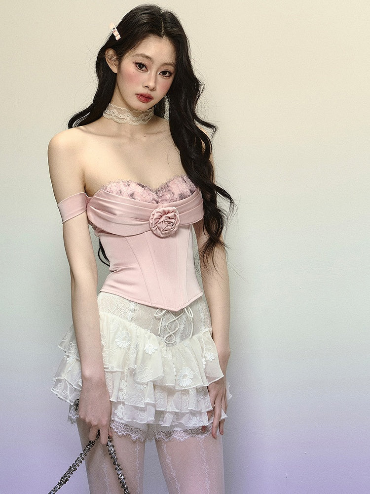 Rosafarbenes Bustier-Korsett-Oberteil mit Blumenmuster und Stäbchen