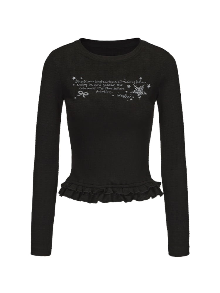 Black Round Neck Tiered Ruffle Trim Slim-fitting Printed Top