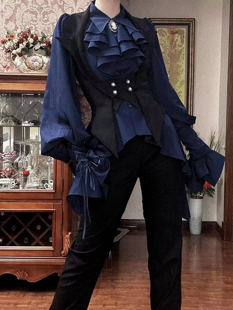 Dark Blue Gothic Ouji Lolita Long Sleeves Irregular Cascading Hemline Prince Shirt