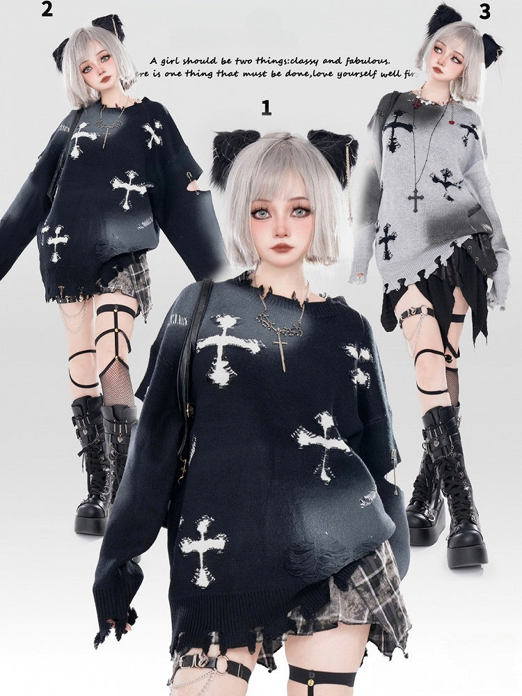 Y2K Black/Grey Cross Shaped Distressed Holes Round Neck Sweater