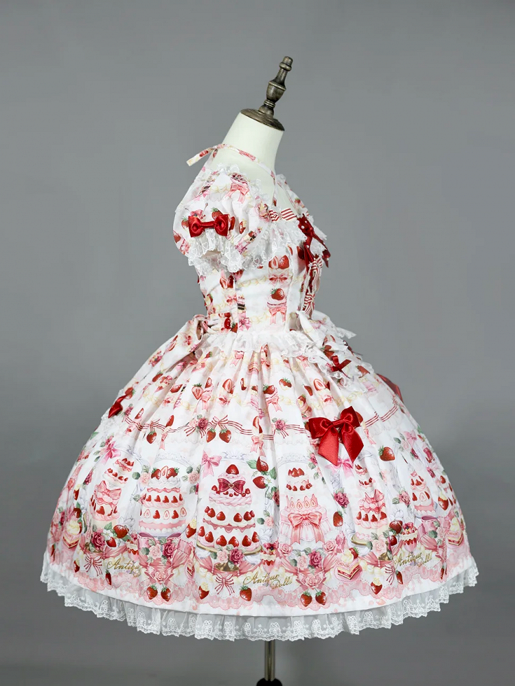 Bow Sweet Set Print White Strawberry Accents / Lolita Full Cake Dress