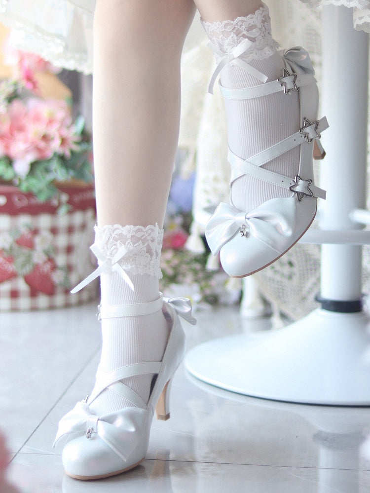 Star High White Sweet Lolita Buckles Crisscross Straps with - Accents Heels Bow