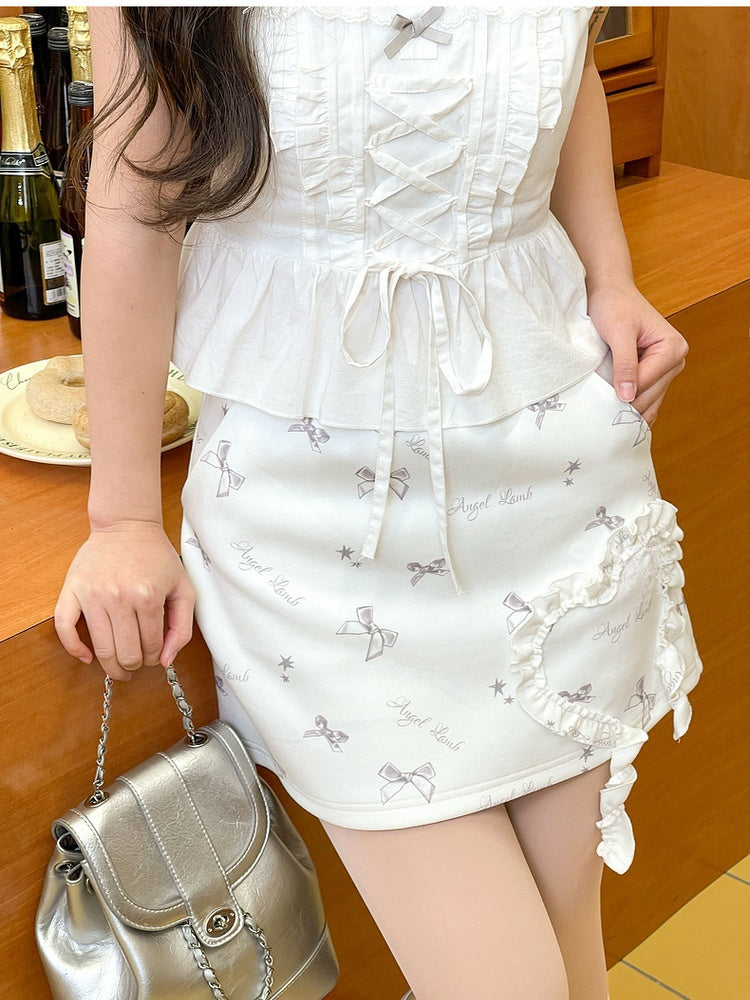 Bowknot Print White Skirt Heart Ruffled