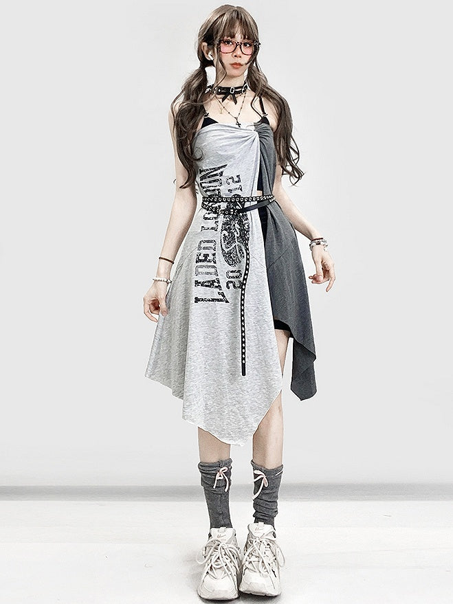 Shorts Hem Black Slit With Letter Asymmetrical Side Skirt Gray Print Glamorous