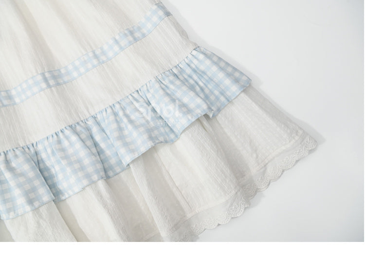 White High Waist Lace Trim Sweet Skirt Plaid Patchwork