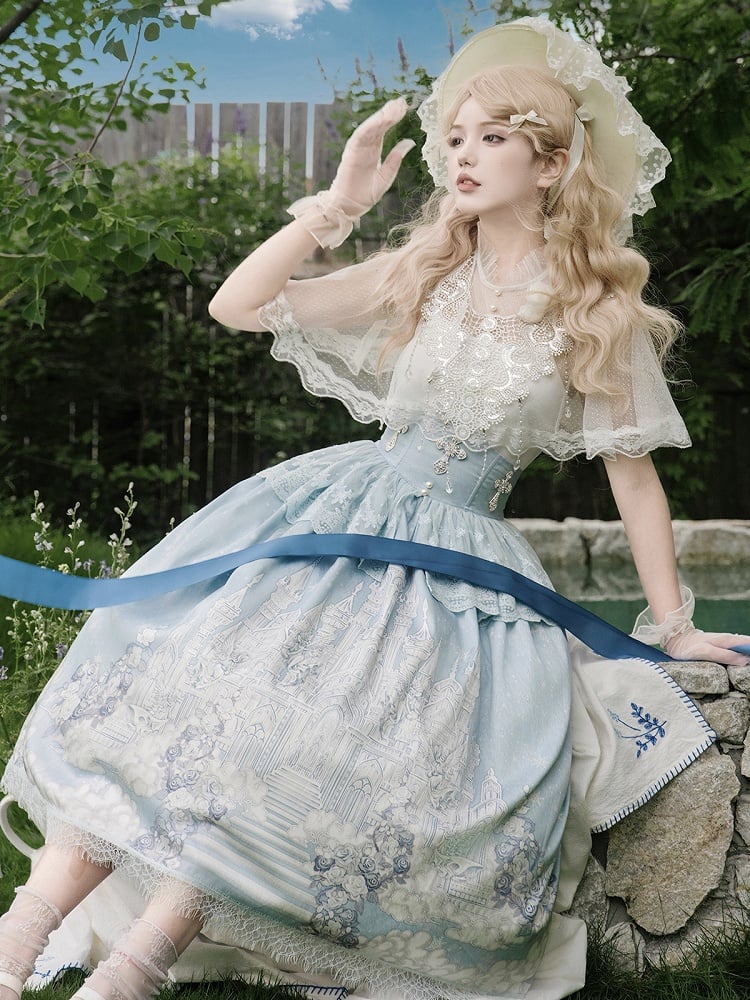 White Skirt High Cape Waist Top Cami + Tulle Print Castle Blue