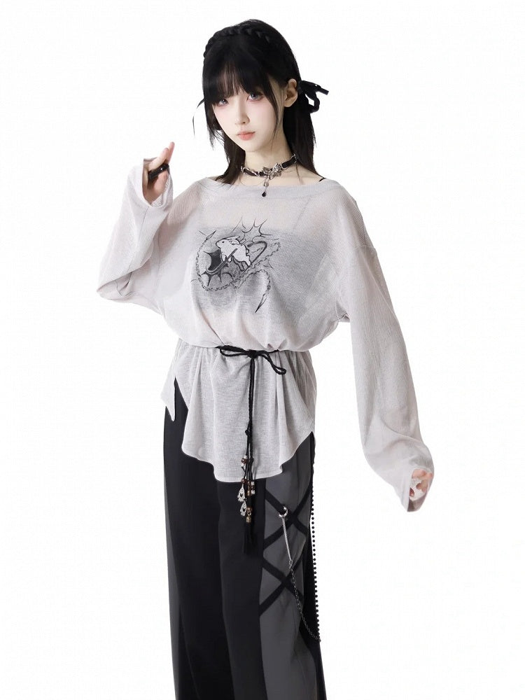 Three Set Strap Bunny Print Coverup+Cami Top +Self-tie Gray Off-the-shoulder Pieces
