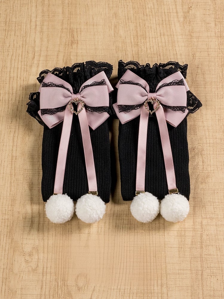 Jirai Kei Pompom-Details Spitzenbündchen Schleifen Overknee-Strümpfe