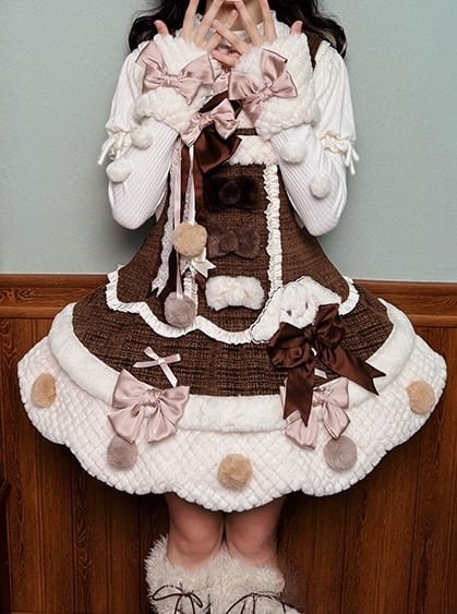 Dress and with Scalloped Brown White Sweet Trim Lolita Overalls Pom-poms Bowknots Edge