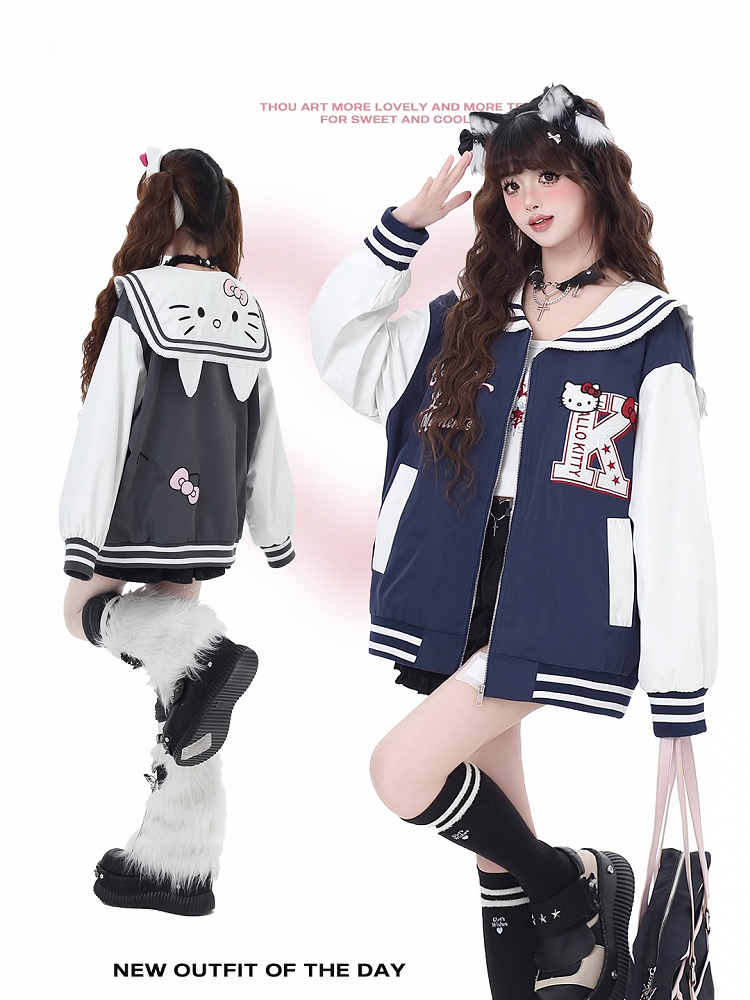 Marineblau/graue Baseballjacke mit Matrosenkragen und Kätzchenstickerei