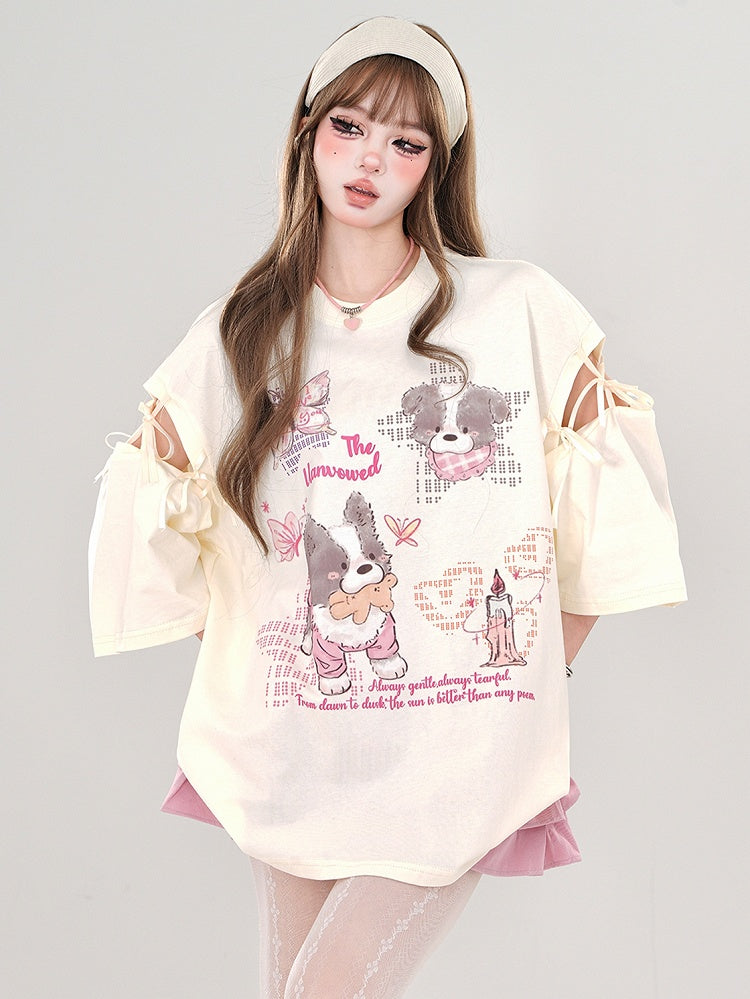Rosa/Aprikose – T-Shirt mit Cartoon-Welpen und Cut-out-Ärmeln zum Binden