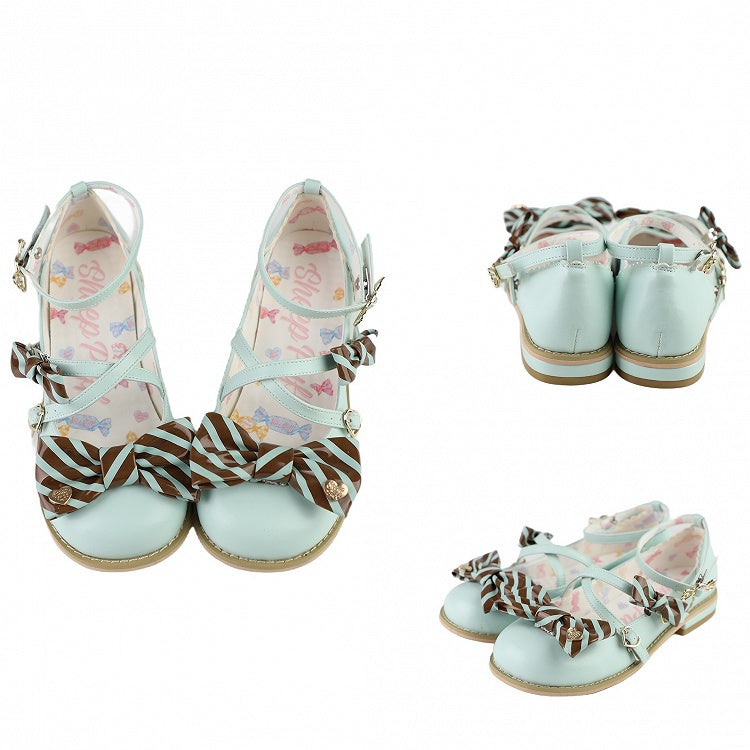 Gestreifte Schnallen am Herz-Schuh-Design Schleife Lolita Top Crisscross Grünbraun Muster