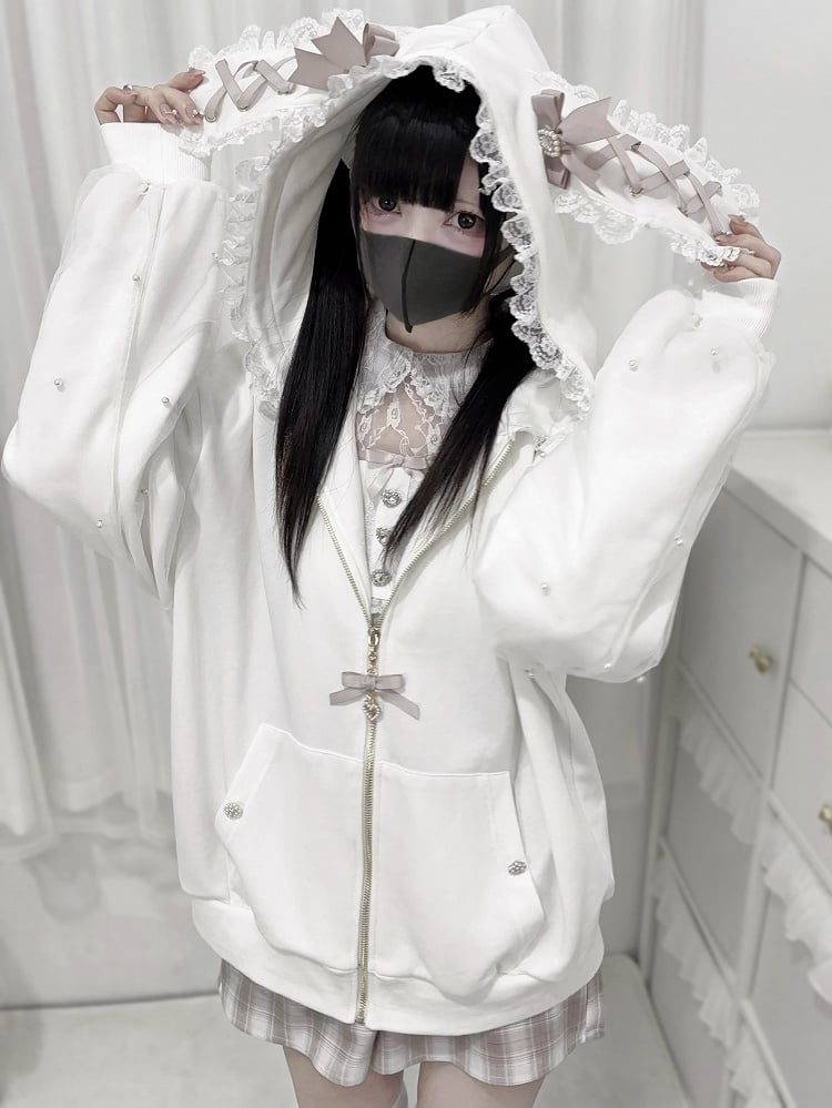 Jirai Kei – Kapuzenpullover mit weißem Hasenohren-Spitzenbesatz und Perlendetails