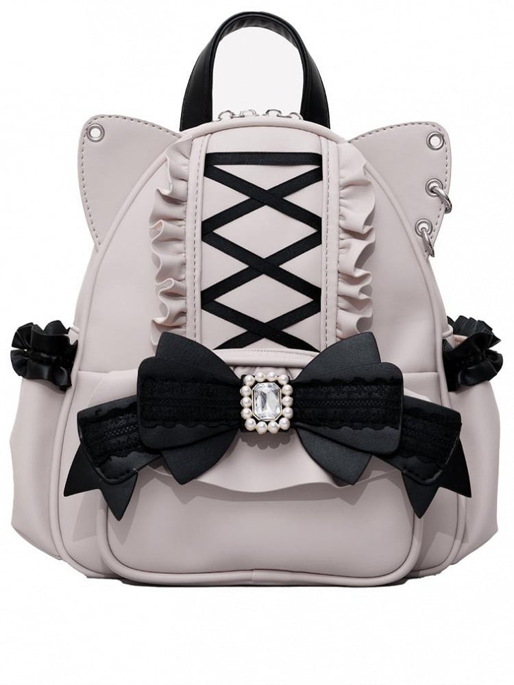 BlackPink Kei Cat Ear Backpack With Beaded and Rhinestone Bow Jirai