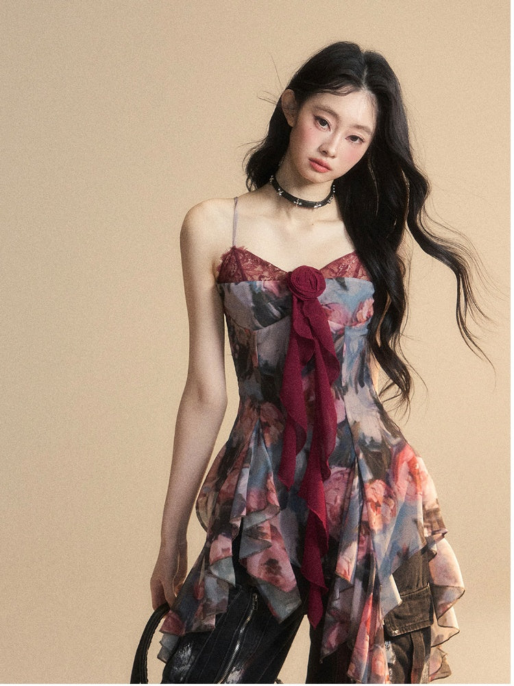 Painting Red Oil Cami Top Asymmetrical Flounce Embellished Hem Floral Glamorous