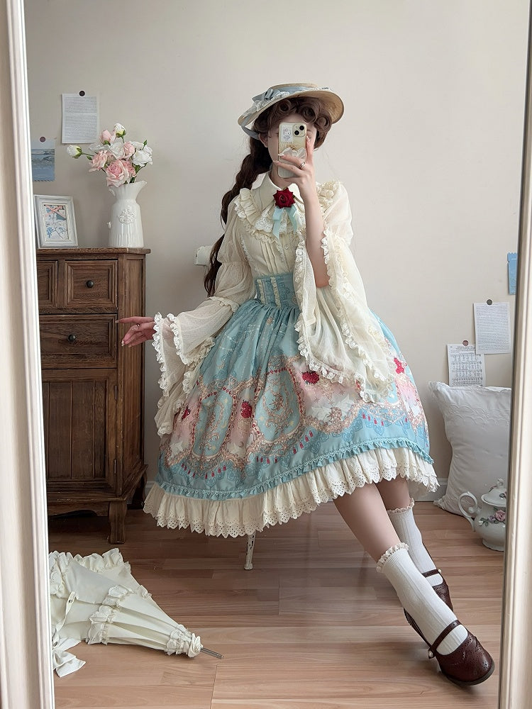 Blauer eleganter Lolita-Rock mit Korsettgürtel und hoher Taille und Blumen- und Mond-Print