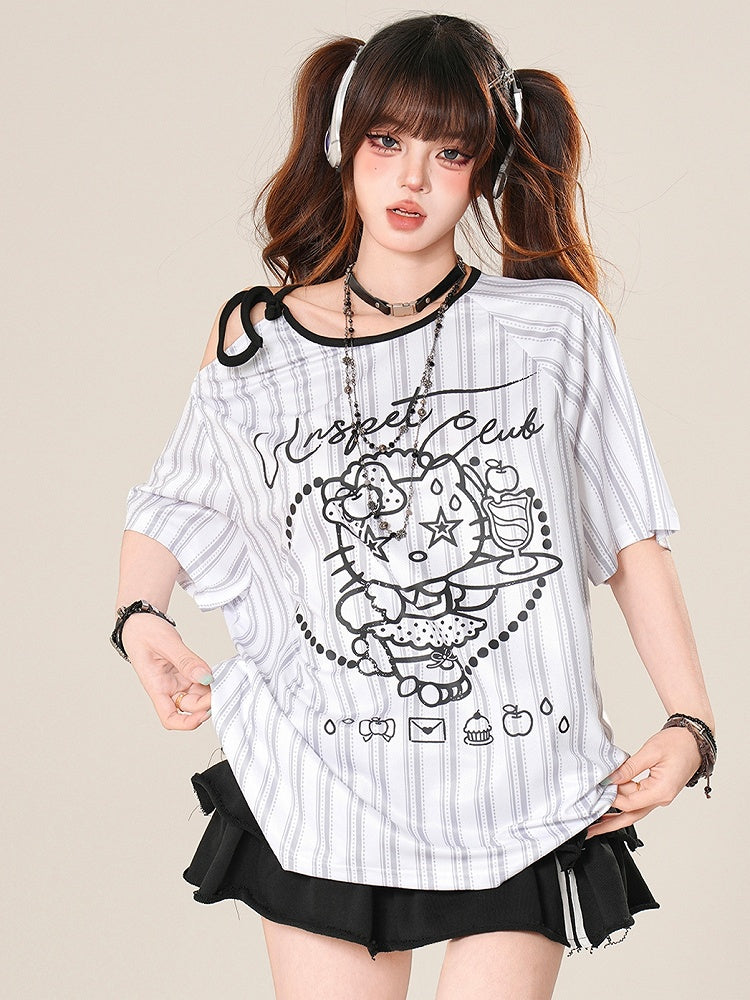 Bittersweet T-shirt Striped Strap Kitty Pattern Black/White Print Neckline Asymmetrical Self-tie