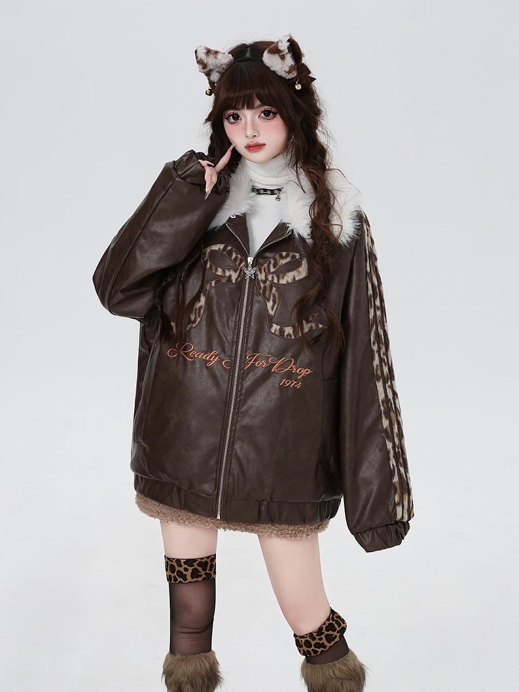 Brown Bowknot and Letter Detachable Plush Collar Jacket
