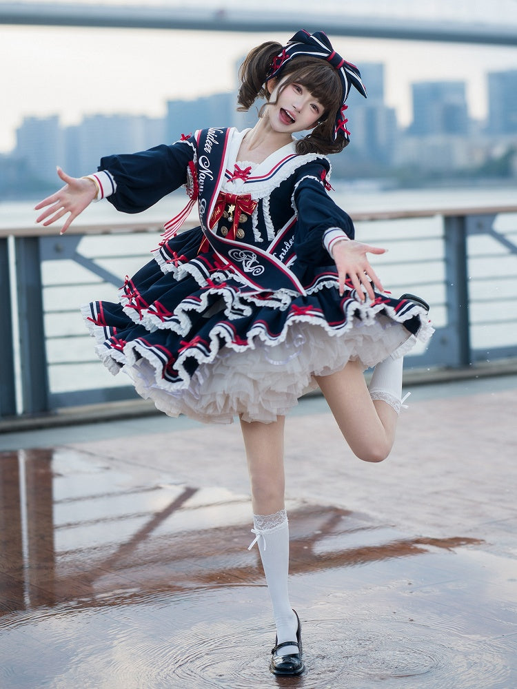 Lolita Dress Short Detachable Navy with Sleeves Blue Summer Sailor Collar