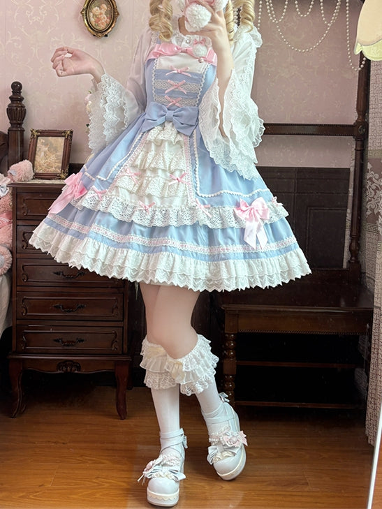 Lace Tiered Trim Sweet Lolita Dress Pink Bowknots Blue JSK